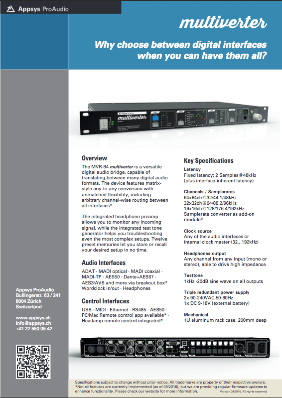 Appsys ProAudio Multiverter MVR-64 Fact Sheet